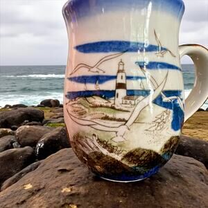 Vintage Otagiri Lighthouse Mugs-Pair-Hand Painted-Seaside Pottery-Coastal-Japan